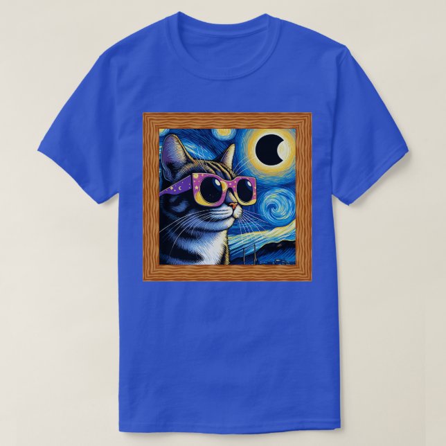 Starry night cat wearing sunglasses in eclipse T-Shirt (Design Front)