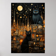Starry Night Cats: Cosmic City Rooftop Art