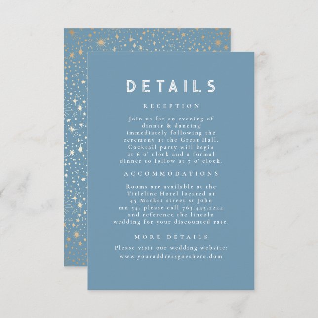 Starry Night Celestial Dusty Blue Wedding Details Enclosure Card (Front/Back)