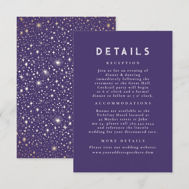 Starry Night Celestial Purple Wedding Details Enclosure Card (Front/Back)
