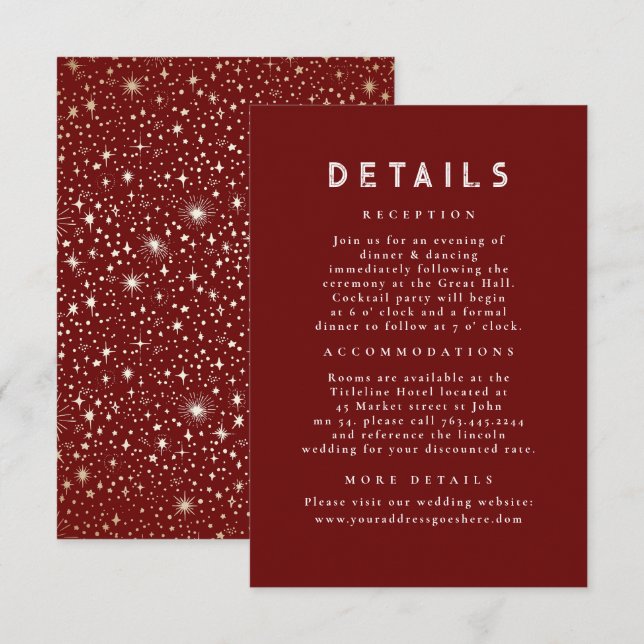 Starry Night Celestial Red Gold Wedding Details Enclosure Card (Front/Back)