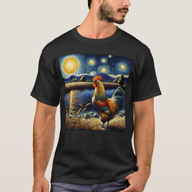 Starry Night Chicken Rooster Van Gogh Lover Farmer T-Shirt (Front)