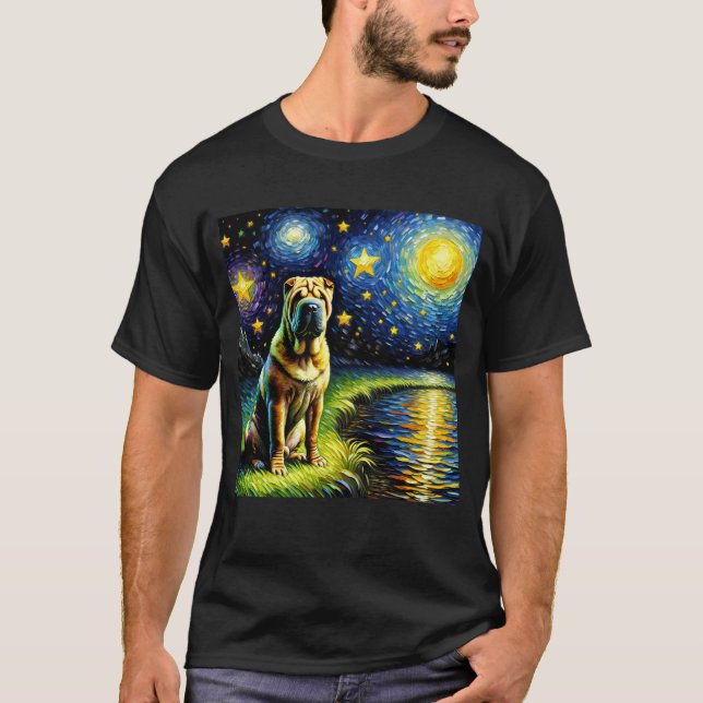 Starry Night Chinese Shar-Pei Dog Van Gogh Lover T-Shirt (Front)