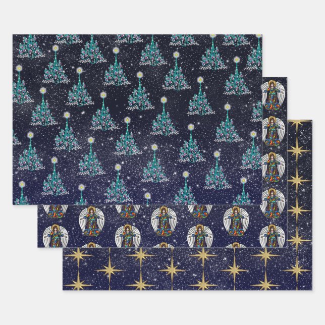 Starry Night Christmas 3 Variations Wrapping Paper Sheet (Set)