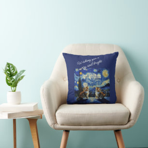 Starry Night Christmas Cat Lover Kittymas Fun Cushion