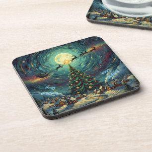 Starry Night Christmas Coaster Set 6 Santa Sleigh