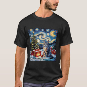 Starry Night Christmas Non-pedigreed Cat Van Gogh T-Shirt