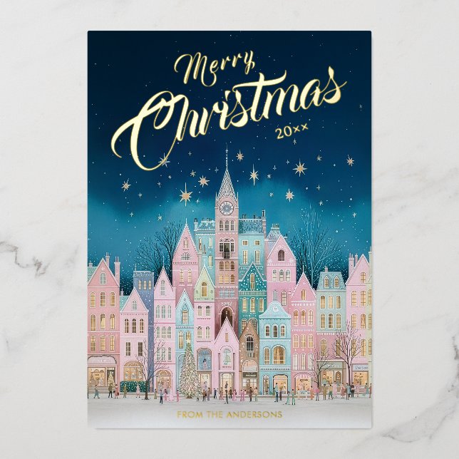 Starry Night Christmas Town Foil Holiday Card (Front)