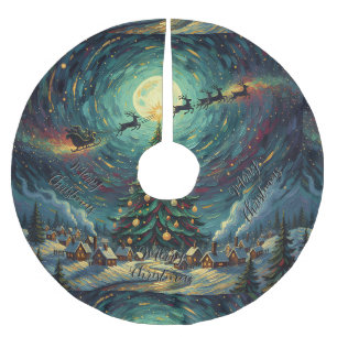 Starry Night Christmas Tree Skirt Santa Sleigh