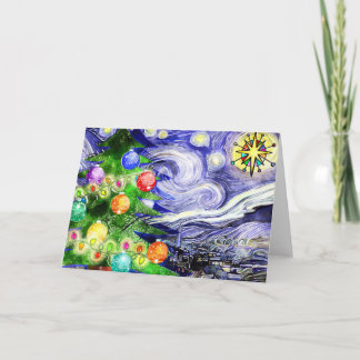 Starry Night Christmas Tree Watercolor Card
