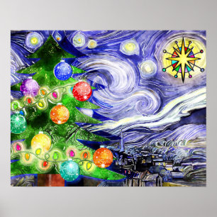 Starry Night Christmas Tree Watercolor Poster