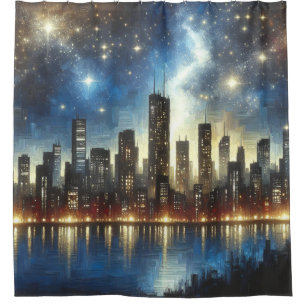 “Starry Night Cityscape Reflections” Shower Curtain