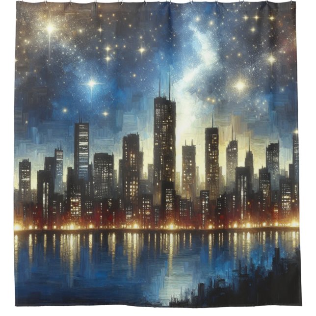 “Starry Night Cityscape Reflections” Shower Curtain (Front)
