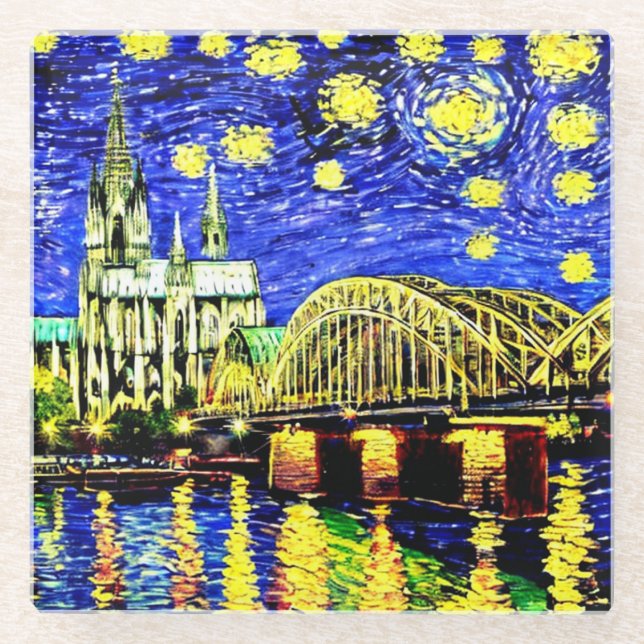 Starry Night Cologne Germany Cathedral Glass Coaster (Front)