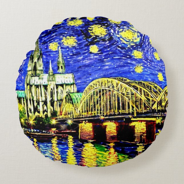 Starry Night Cologne Germany Cathedral Round Cushion (Front)