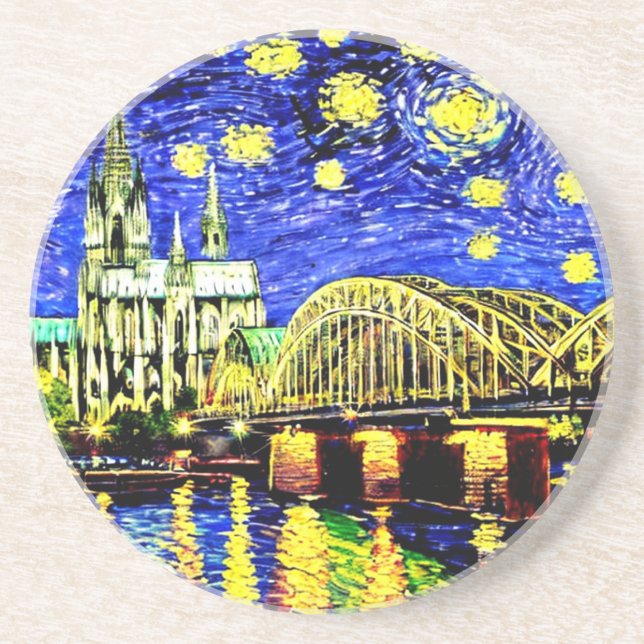 Starry Night Cologne Germany Cathedral Throw Pillo Coaster (Front)