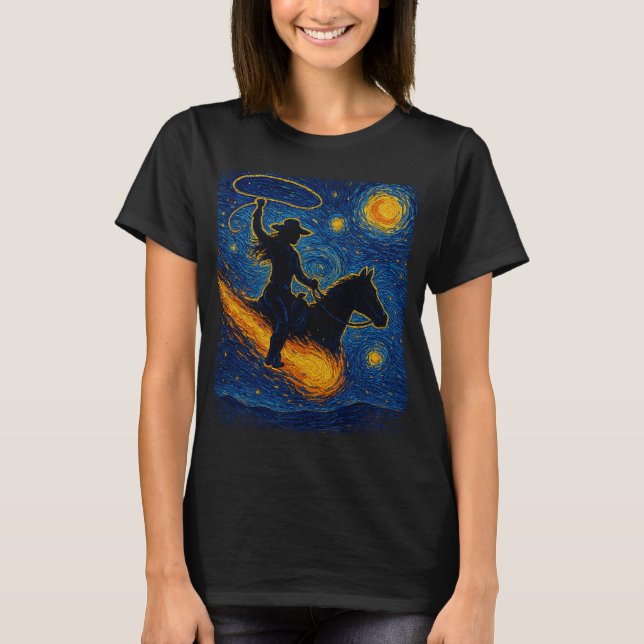 Starry Night Cowgirl: Van Gogh Western Art Print T-Shirt (Front)