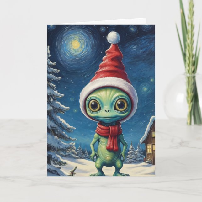 Starry Night Cute Alien Space Christmas Card (Front)