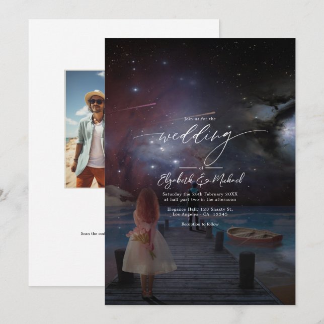 Starry Night Dockside Wedding QR Code Photo Invitation (Front/Back)