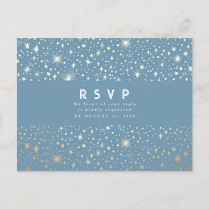 Starry Night Dusty Blue and Gold Wedding RSVP Postcard