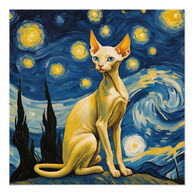 Starry Night Elf Sphinx Cat Van Gogh Art Painting Poster (Front)