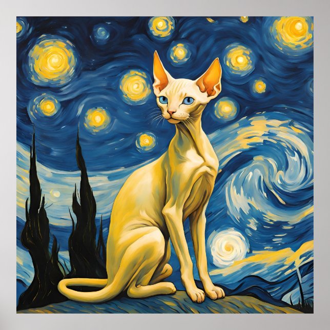 Starry Night Elf Sphinx Cat Van Gogh Art Painting Poster (Front)