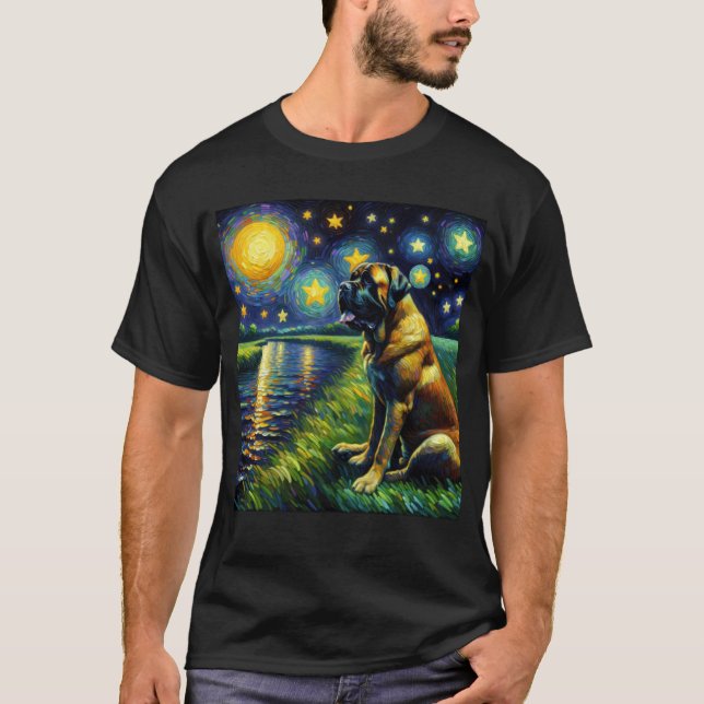 Starry Night English Mastiff Dog Van Gogh Lover T-Shirt (Front)
