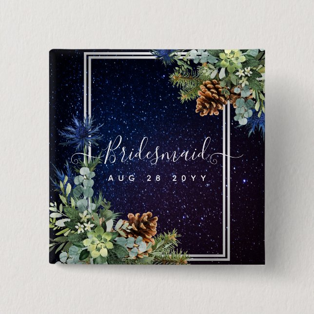 Starry Night Eucalyptus Blue Thistle WinterWedding 15 Cm Square Badge (Front)
