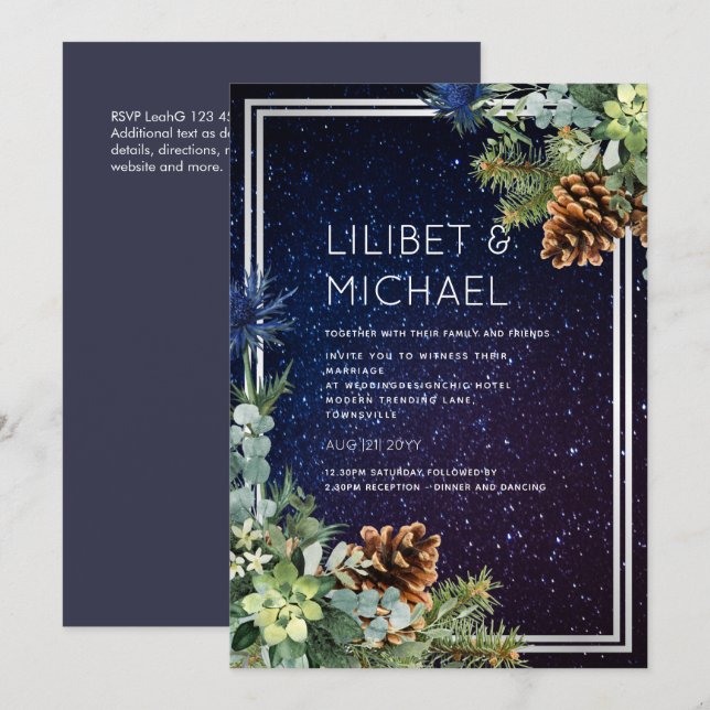 Starry Night Eucalyptus Blue Thistle WinterWedding Invitation (Front/Back)