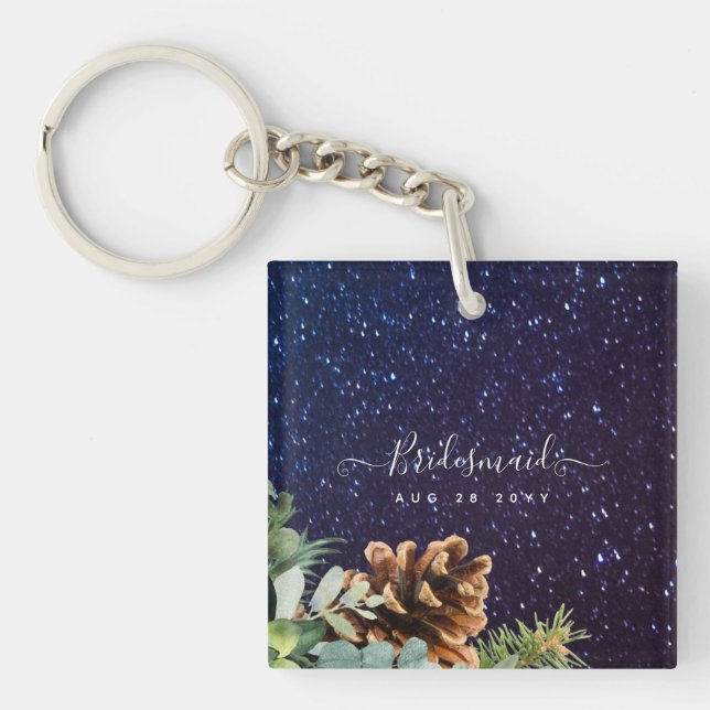 Starry Night Eucalyptus Blue Thistle WinterWedding Key Ring (Front)