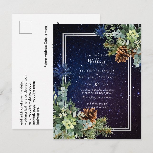 Starry Night Eucalyptus Blue Thistle WinterWedding Postcard (Front/Back)