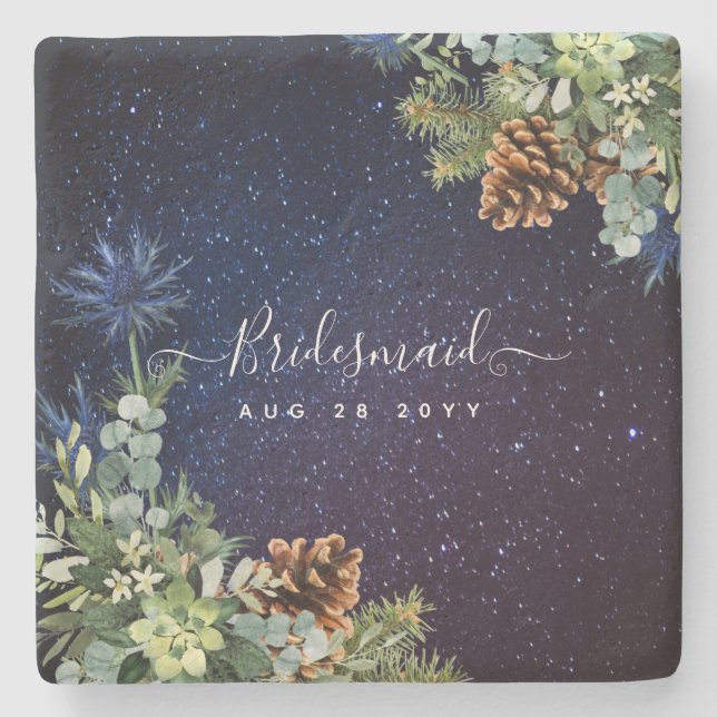 Starry Night Eucalyptus Blue Thistle WinterWedding Stone Coaster (Front)