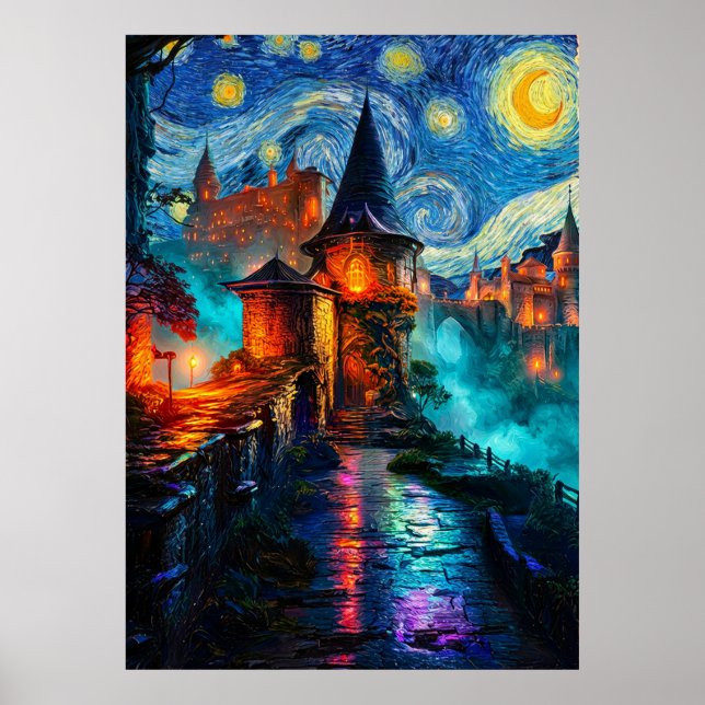 Starry Night Fantasy Castle Magical Oil Painting Poster (Front)