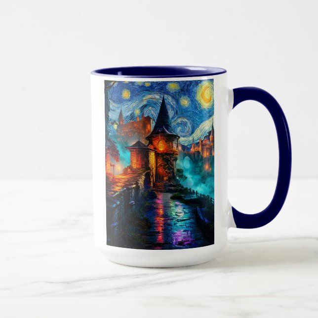 Starry Night Fantasy Fortress Magical Art Mug (Right)