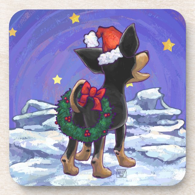Starry Night Festive Chihuhua in Santa Hat Coaster (Front)