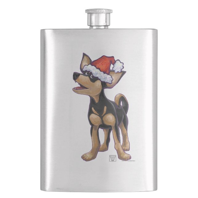Starry Night Festive Chihuhua in Santa Hat Hip Flask (Front)