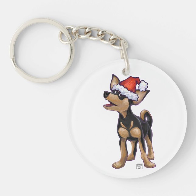Starry Night Festive Chihuhua in Santa Hat Key Ring (Front)