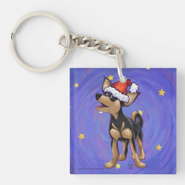 Starry Night Festive Chihuhua in Santa Hat Key Ring (Front)