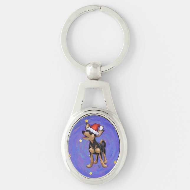 Starry Night Festive Chihuhua in Santa Hat Key Ring (Front)