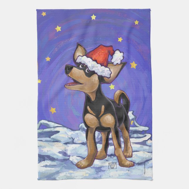 Starry Night Festive Chihuhua in Santa Hat Tea Towel (Vertical)