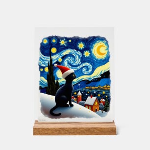 Starry Night Festive Christmas Black Cat Santa Hat Acrylic Sign