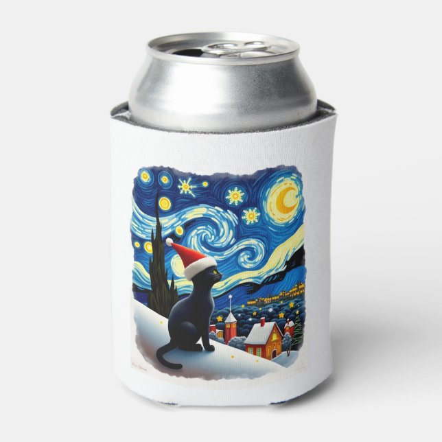 Starry Night Festive Christmas Black Cat Santa Hat Can Cooler (Can Front)