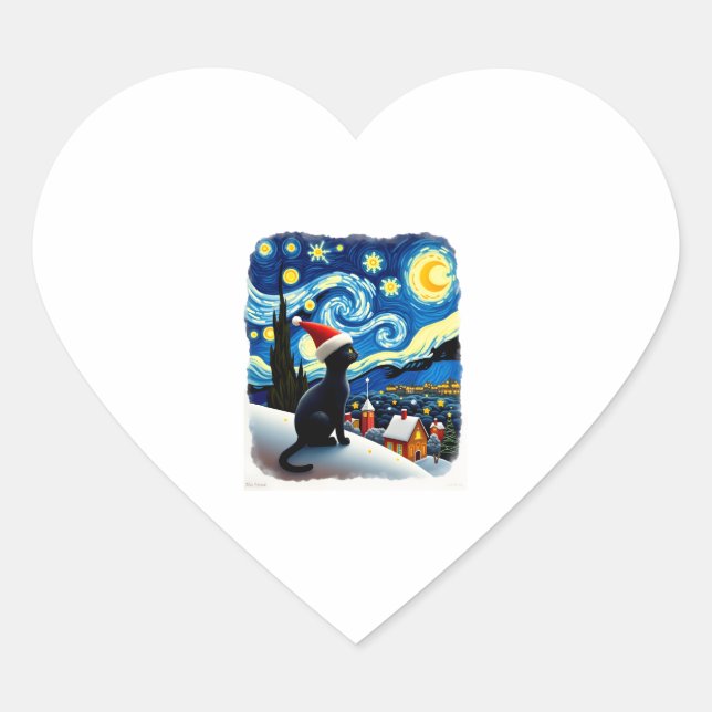 Starry Night Festive Christmas Black Cat Santa Hat Heart Sticker (Front)