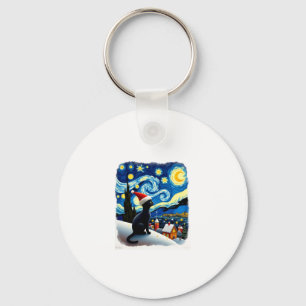 Starry Night Festive Christmas Black Cat Santa Hat Key Ring