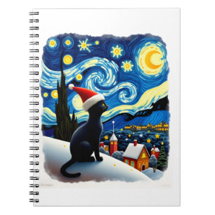 Starry Night Festive Christmas Black Cat Santa Hat Notebook