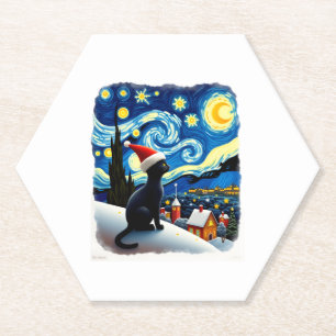 Starry Night Festive Christmas Black Cat Santa Hat Paper Coaster