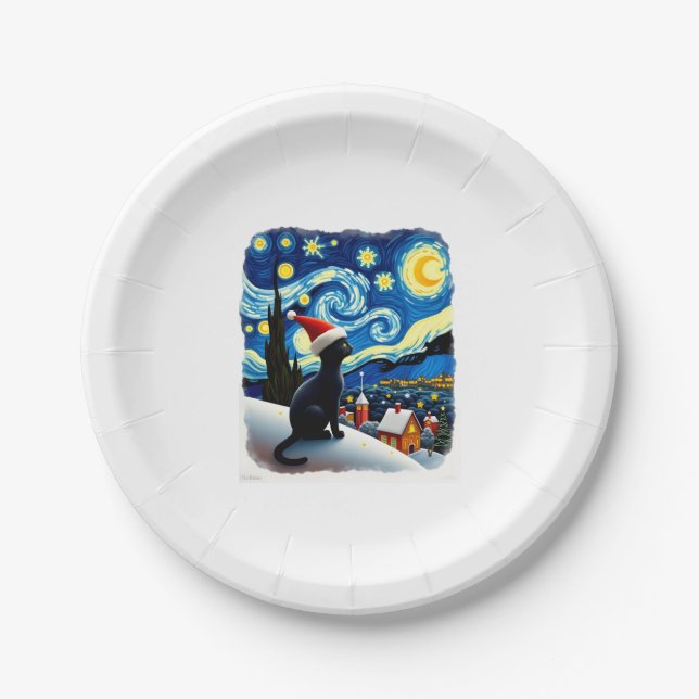 Starry Night Festive Christmas Black Cat Santa Hat Paper Plate (Front)