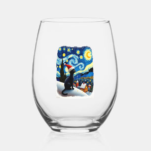 Starry Night Festive Christmas Black Cat Santa Hat Stemless Wine Glass