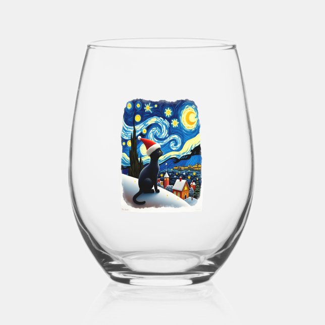 Starry Night Festive Christmas Black Cat Santa Hat Stemless Wine Glass (Front)
