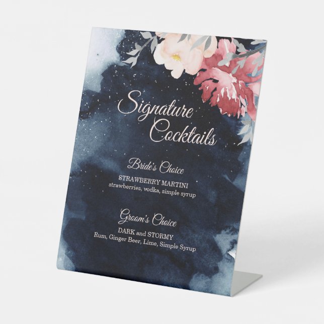Starry Night Floral Wedding Cocktail Menu Pedestal Sign (Front)
